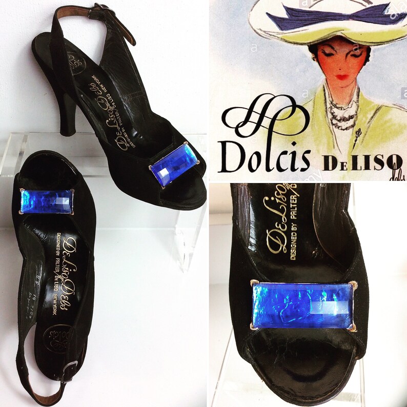 Zapatos de ante negro de los años 50 con grandes piedras de cristal azul. Marca: De Liso Debs by Palter de Liso New York para Dolcis. Talla 4-4.5 (Reino Unido). Años cincuenta. imagen 2