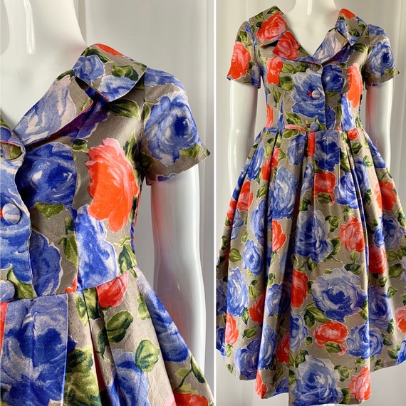 Fifties Vibrant Blue & Orange Rose Print Full Skir