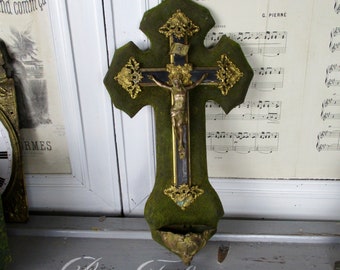 Large Vintage French Velvet Catholic Benetier Holy Water Font Baptism Font c1800s