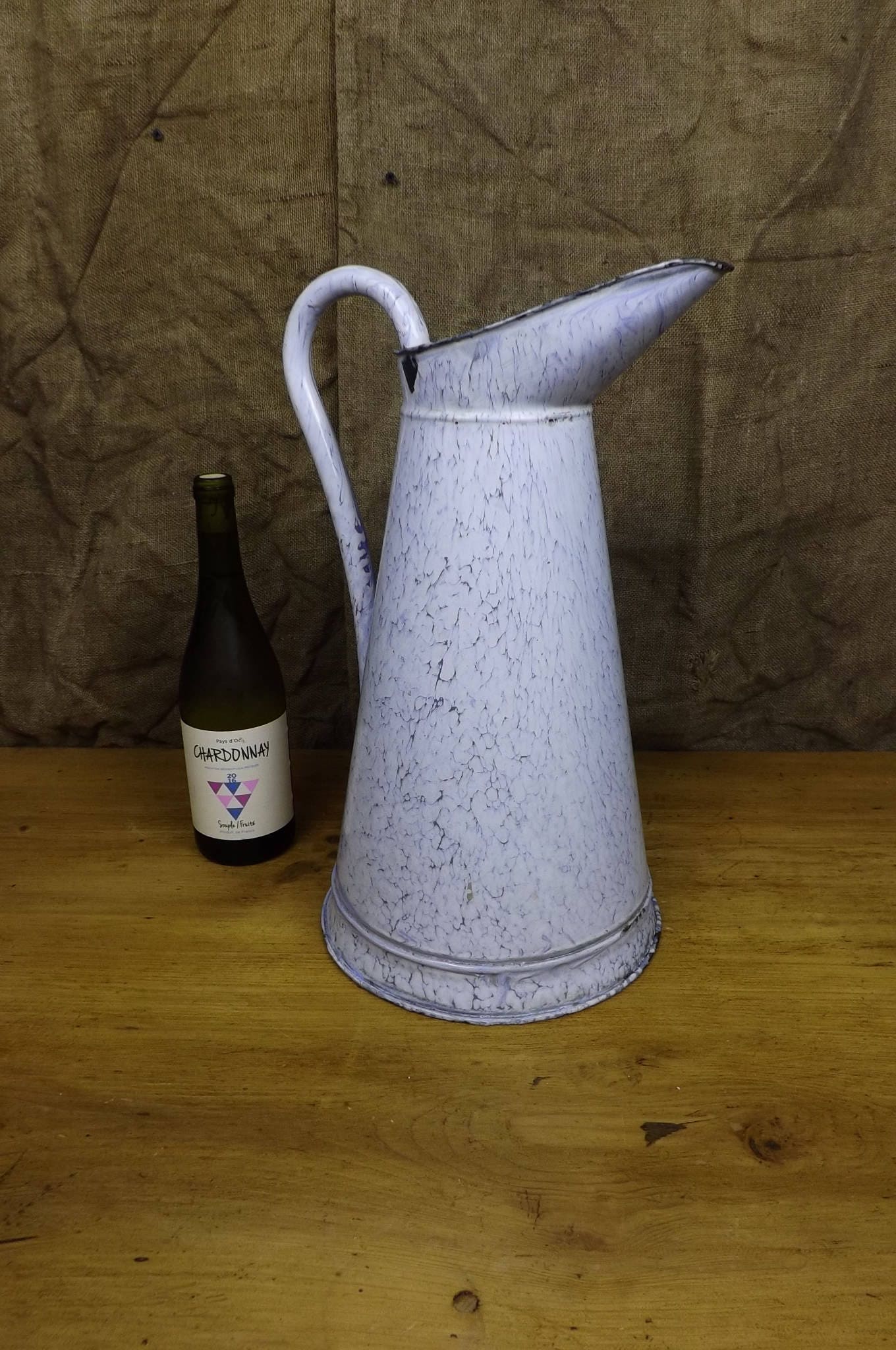 Vintage Français'eau d'émail Jug Blue & White Large Émailware Water Pitcher