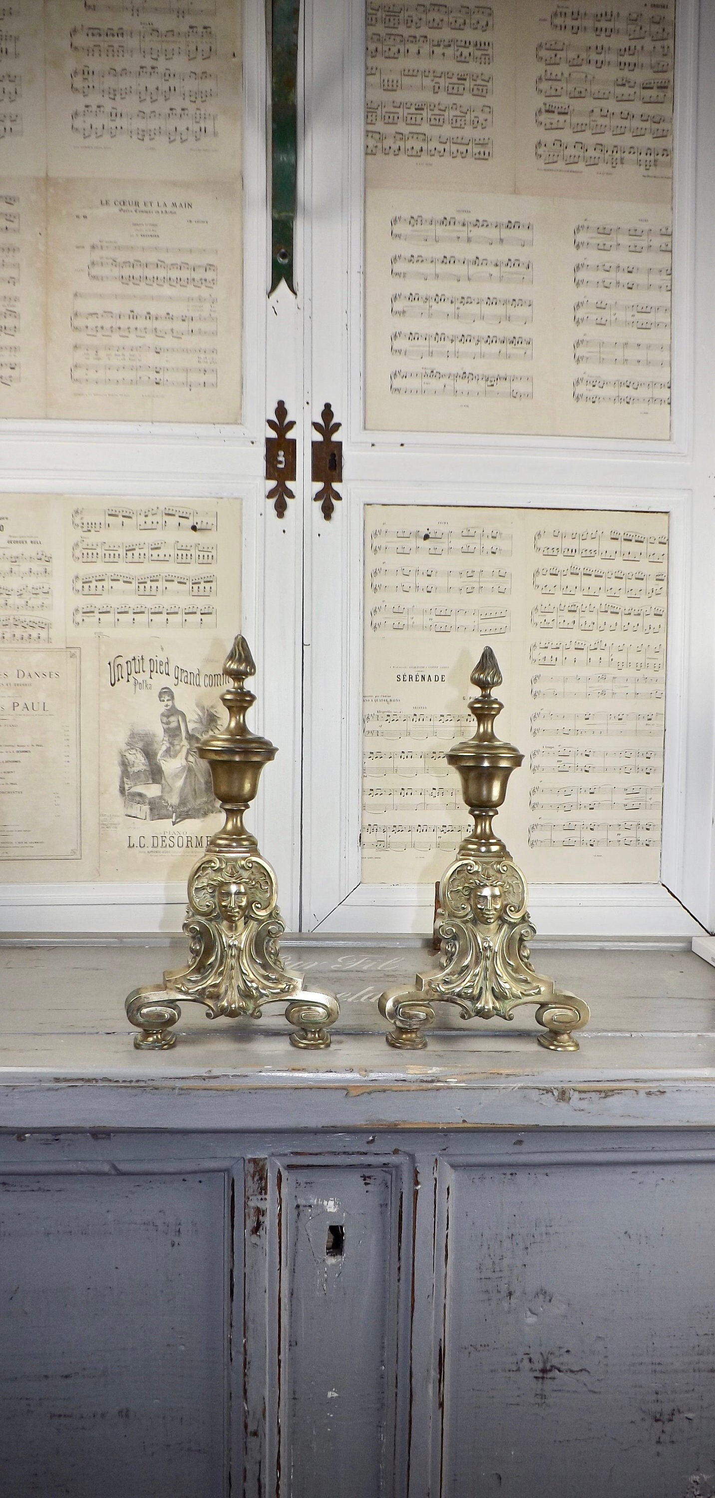 Antique Français Louis Xvi Laiton Andirons Chenets Fire Dogs Fender 1800S