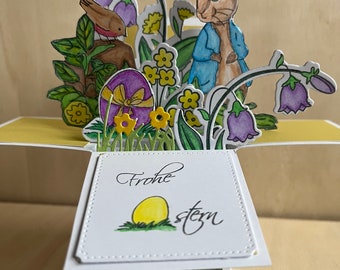Colorful Easter card with Easter bunny and flowers
