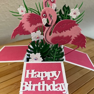 Geburtstags Karte pinke Flamingos Blüten Blätter