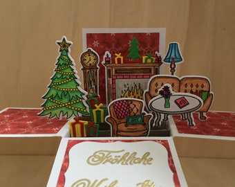 Carte de Noël 3d carte pop-up salon confortable avec sapin et cadeaux