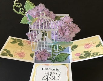 Greeting card with roses birds