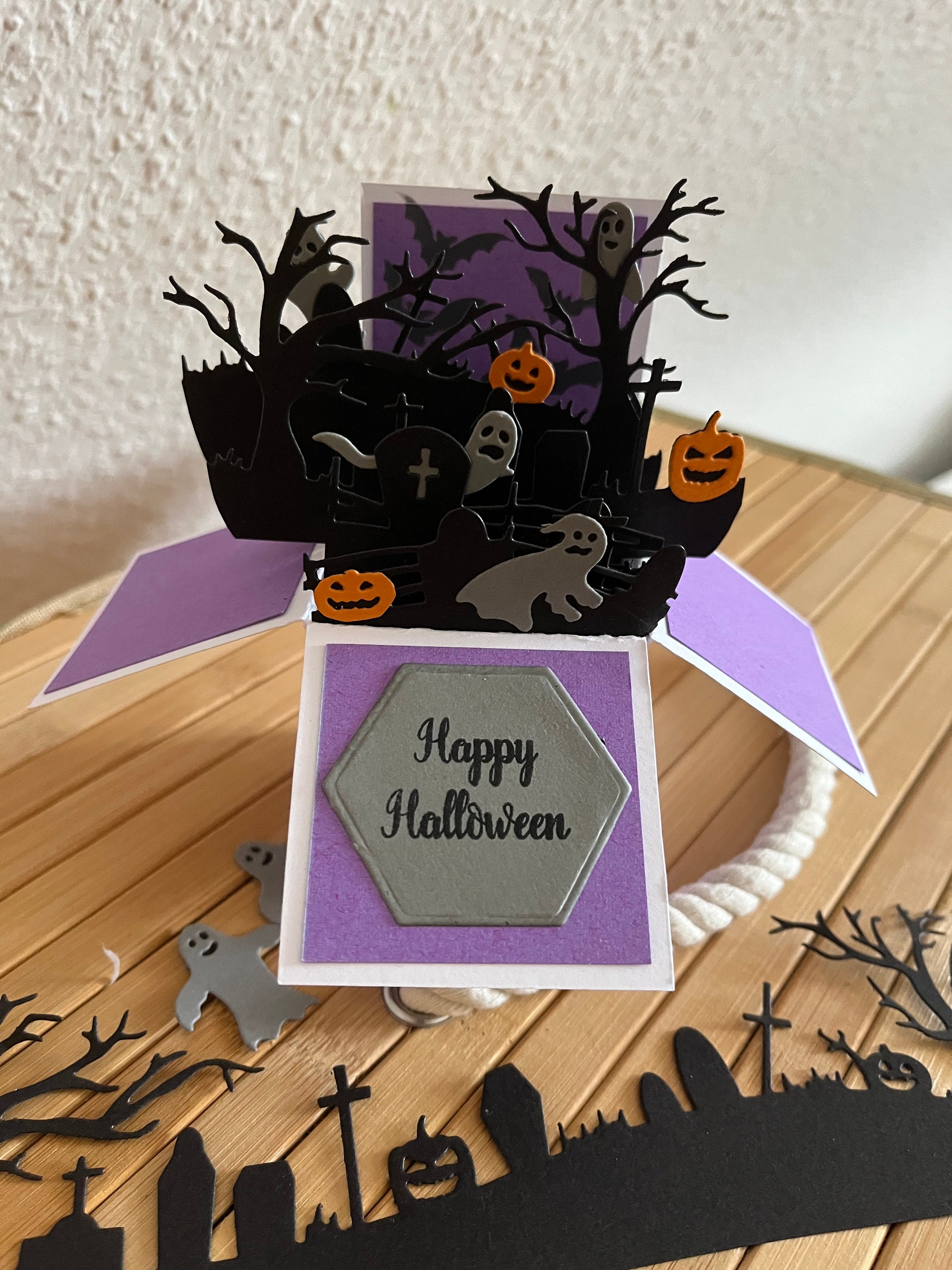 Halloween Card Cemetery Trees Ghosts Pumpkins