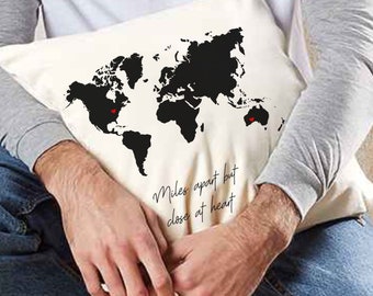 Personalised Cushion Cover, Long Distance Relationship Gift for Family, Best Friend, Girlfriend, Boyfriend at Christmas, World Map Design