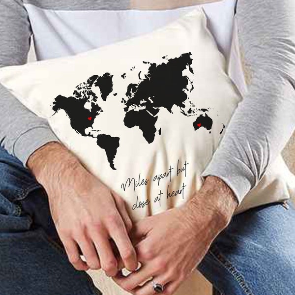 Personalised Cushion Cover, Long Distance Relationship Gift for Family, Best Friend, Girlfriend, Boyfriend at Christmas, World Map Design