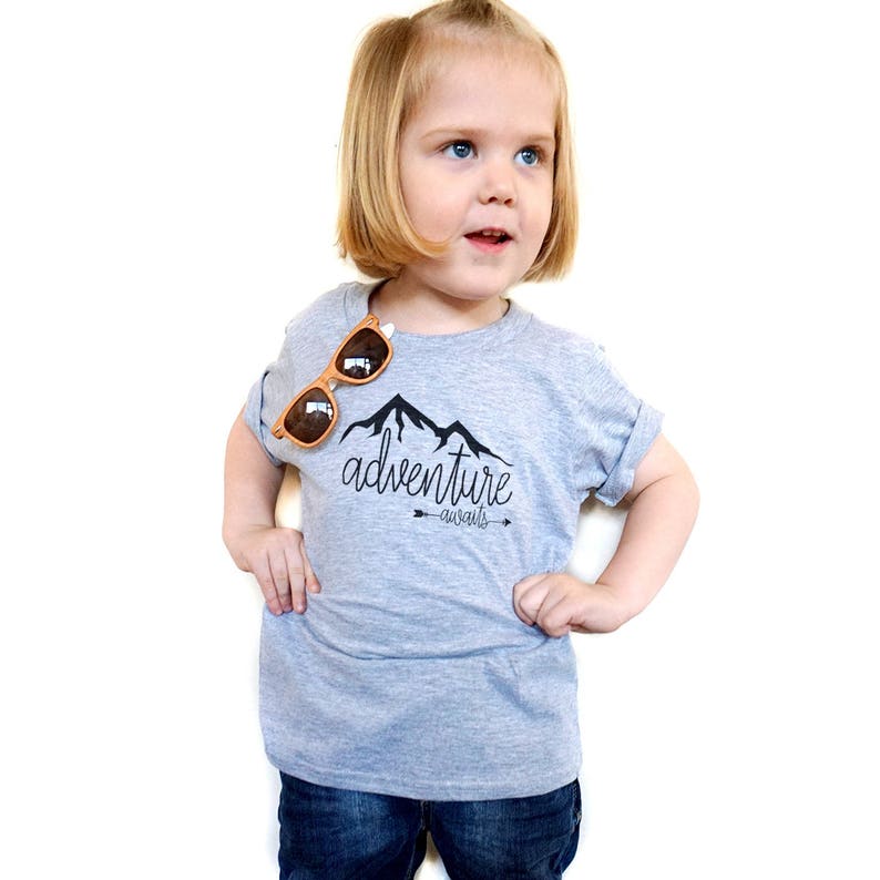 Boy Toddler Clothes Adventure Awaits t-shirt kids tshirt t shirt outdoors mountains nature climber climb explore Gray