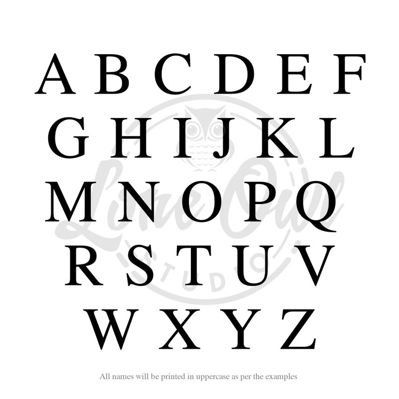 K&ouml;nnte beinhalten: Schwarz-wei&szlig;e Alphabetbuchstaben von A bis Z in Gro&szlig;buchstaben. Die Buchstaben sind in einer einfachen, klassischen Schriftart. Der Text unter den Buchstaben lautet "Alle Namen werden in Gro&szlig;buchstaben gem&auml;&szlig; den Beispielen gedruckt."