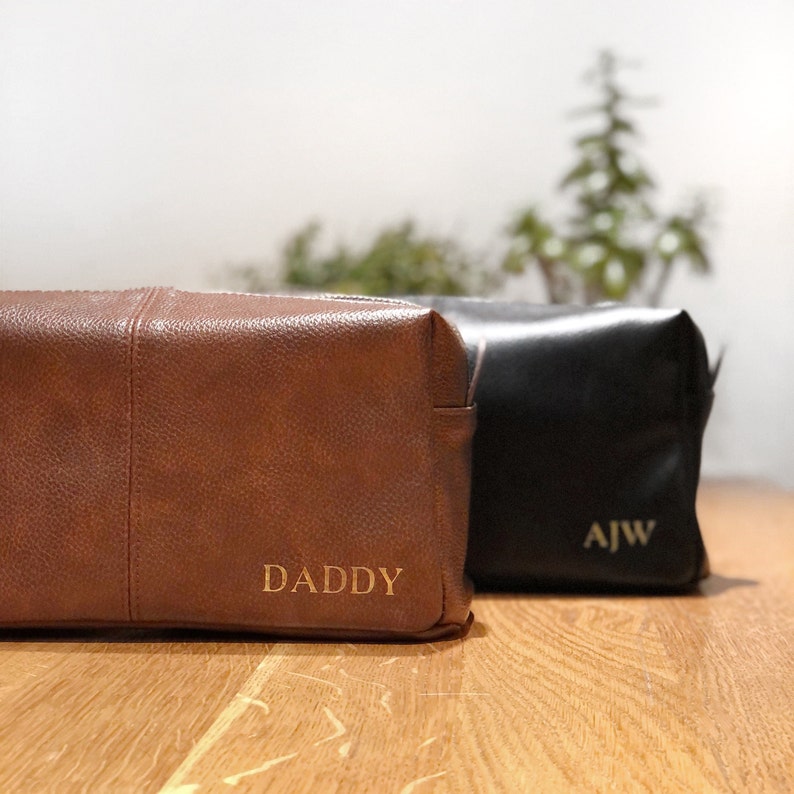 Personalised Mens Wash Bag, Faux Leather Toiletry Bag in Black or Brown, Mens Birthday Gift, Gifts for Him, Groomsman Gifts, Travel Dopp Kit image 9