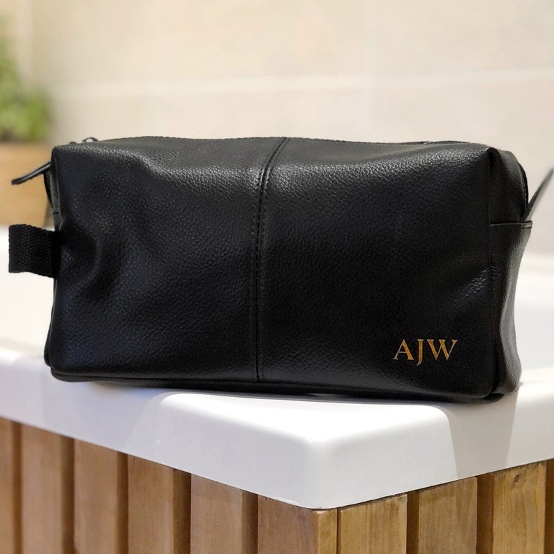 Personalised Mens Wash Bag, Faux Leather Toiletry Bag in Black or Brown, Mens Birthday Gift, Gifts for Him, Groomsman Gifts, Travel Dopp Kit image 8