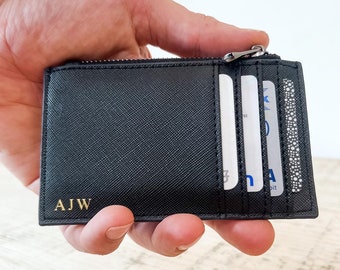 Mens Card Holder Slim Wallet, Personalised with Initials, Name, Date or Words, Ideal Father&#39;s day Gift from Son or Daughter