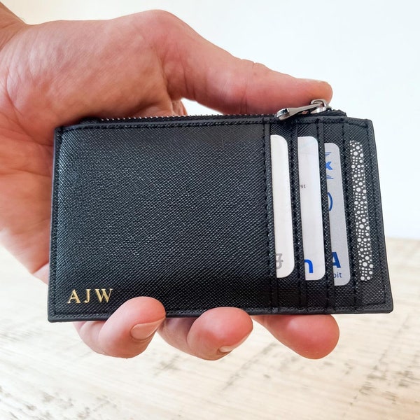 Mens Card Holder Slim Wallet, Personalised with Initials, Name, Date or Words, Ideal Father's day Gift from Son or Daughter