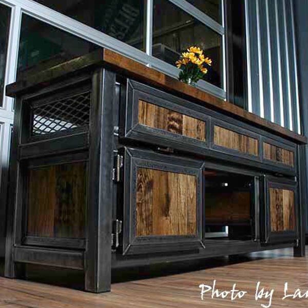 Custom Industrial Media Console, Media Table, TV Stand, Entertainment Center