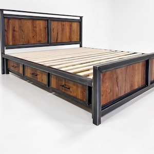 Platform Bed with Storage Drawers, Industrial Wood and Steel Frame