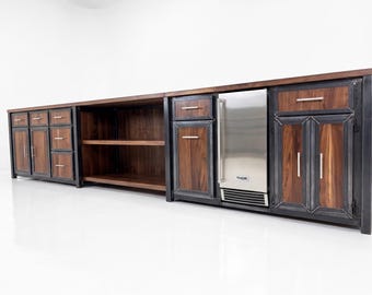Full Wall Black Walnut and Steel Kitchen Cabinets