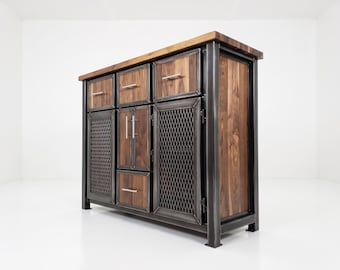 Modern Industrial Black Walnut Coffee Station, Large Buffet