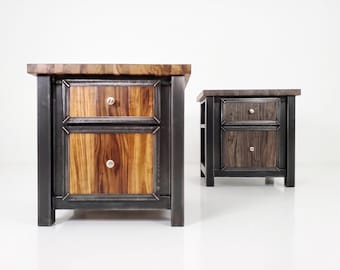 Modern Industrial Black Walnut and Steel Nightstands, Bedside Cabinets
