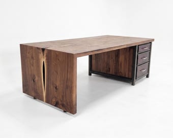 Modern Industrial Black Walnut Waterfall Office Desk