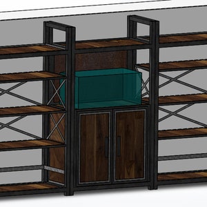 May include: A black metal shelving unit with wooden shelves and a cabinet with two doors. The unit has a built-in fish tank with a blue background.