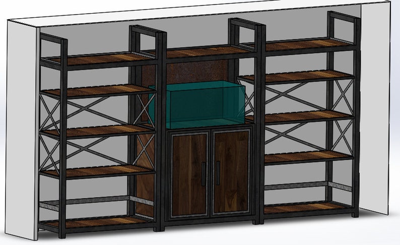 May include: A black metal shelving unit with wooden shelves and a cabinet with two doors. The unit has a built-in fish tank with a blue background.