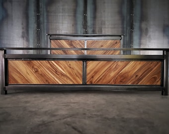 Platform bed, modern industrial headboard, foot board, and bed frame