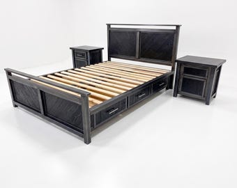 Modern Industrial Bed and Nightstands, Storage Platform Bed in Black