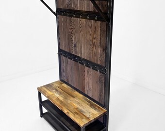 Modern Industrial Aged Gray Oak and Steel Mudroom Storage Bench