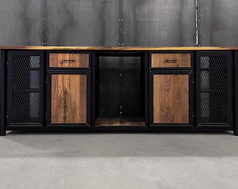 10ft Modern industrial Black Steel and Wood Kitchen Cabinet