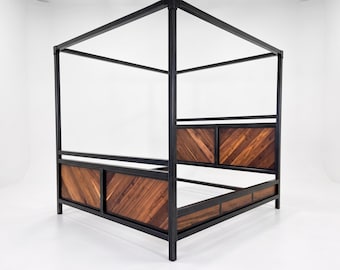 Modern Industrial Steel and Wood Canopy Bed