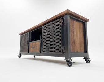 Modern Industrial Black Walnut and Steel Media Console on Casters
