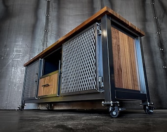 Modern Industrial Black Walnut and Steel Media Console on Casters