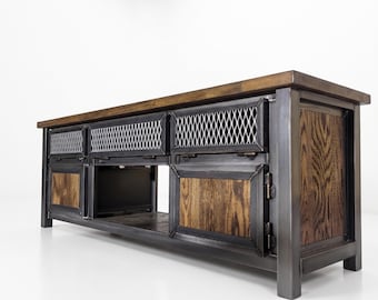 Modern Industrial Media Console, Wood and Steel TV Stand