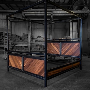 Modern Industrial Steel and Wood Canopy Bed