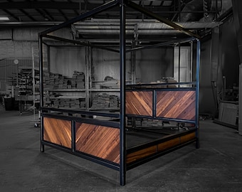 Modern Industrial Steel and Wood Canopy Bed