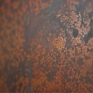 May include: Close-up of a rusty metal surface with a mottled brown and orange color.