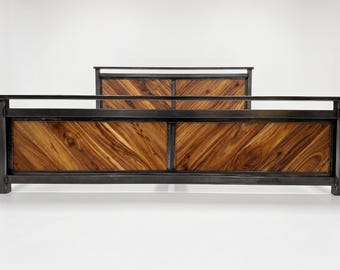 Platform bed, modern industrial headboard, foot board, and bed frame