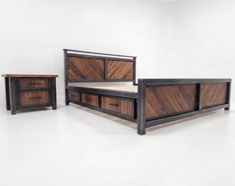 Platform Bed with Storage Drawers, Industrial Wood and Steel Frame