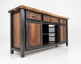 Modern Industrial Metal and Wood Media Console with Live Edge Slab