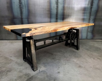 Adjustable height desk, vintage industrial crank base table, custom made