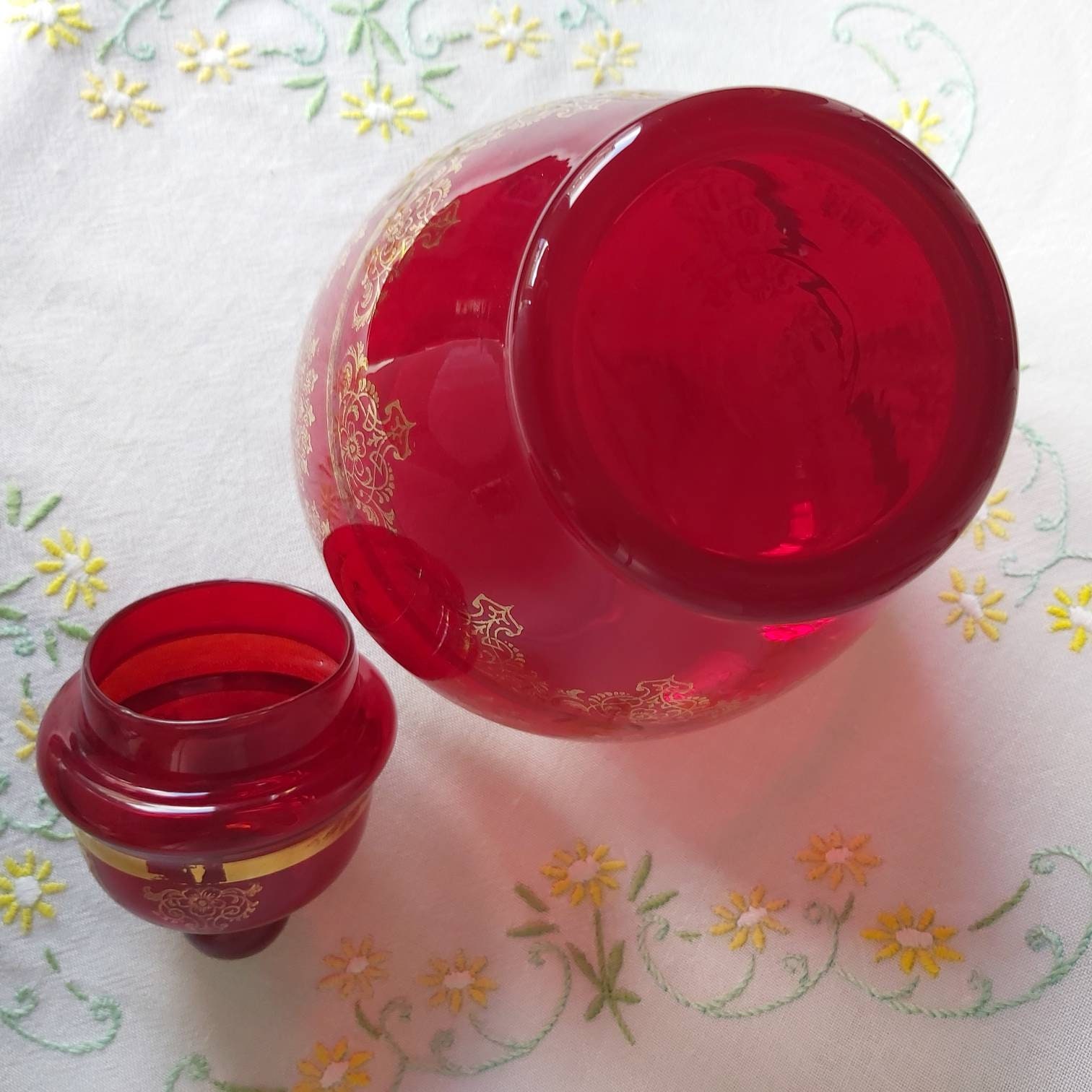 A Large Vintage Red Glass Storage Jar with Gold Accents Etsy