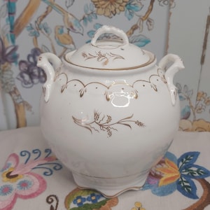 Antique White Porcelain Sucrier with Gold Handpainted Detail