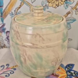 Może przedstawiać: Ceramiczny słoik z pokrywką. Słoik jest cylindryczny z zaokrągloną podstawą i pokrywką z małym guzikiem. Słoik ma marmurkowy wzór w odcieniach beżu, zieleni i brązu. Tło to wzór kwiatowy.