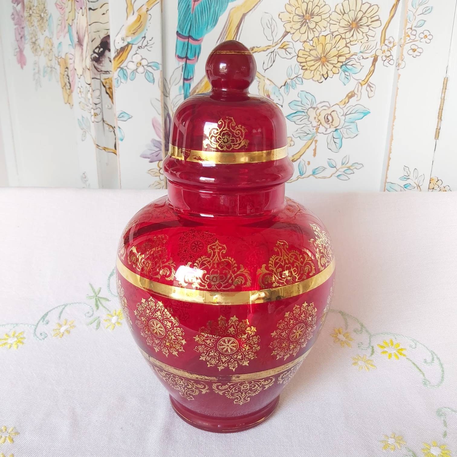 A Large Vintage Red Glass Storage Jar with Gold Accents Etsy