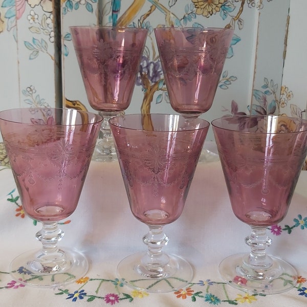 A Set of Five Needle Etched Wine Glasses, possibly Fostoria.