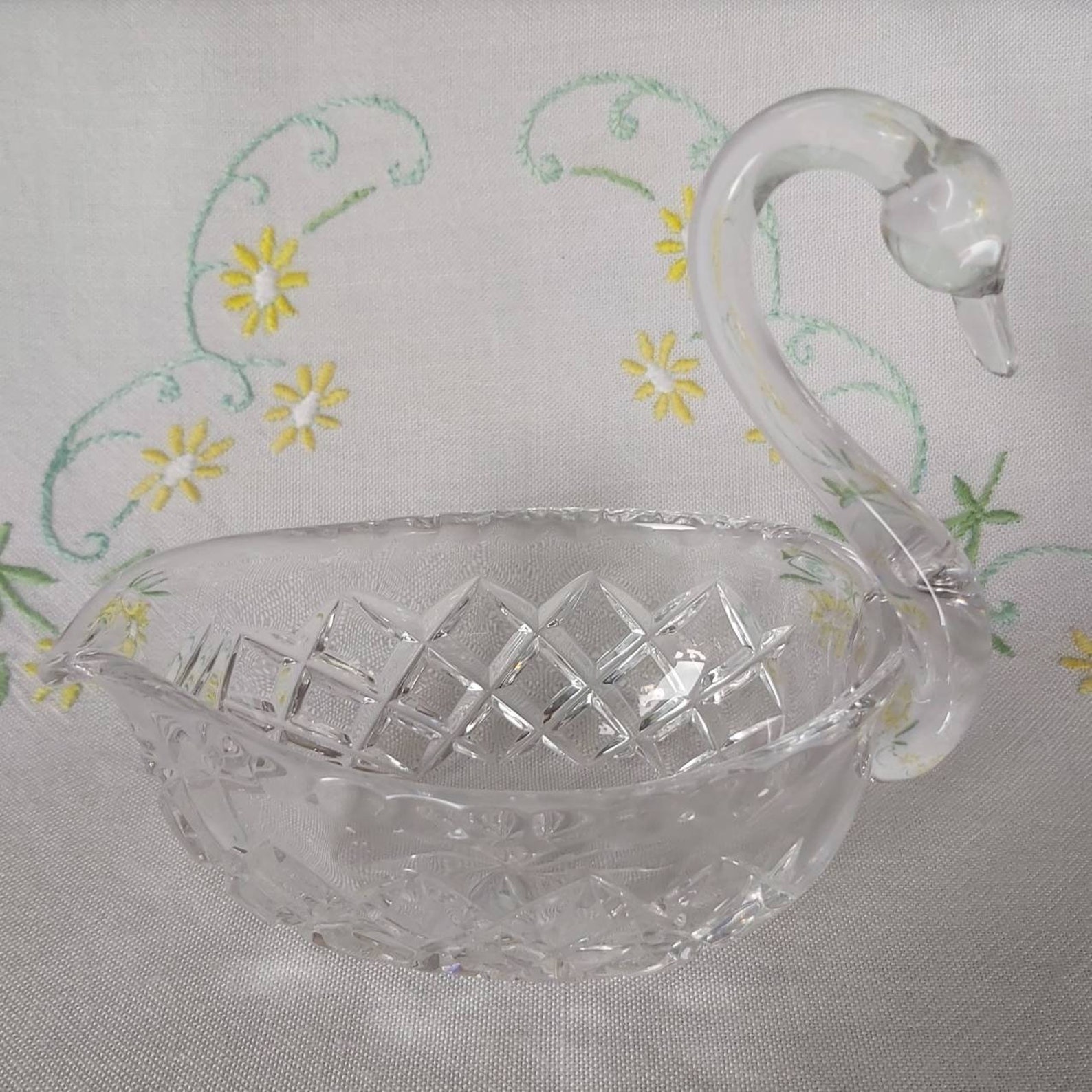 A Vintage Cut Glass Swan Dish Etsy