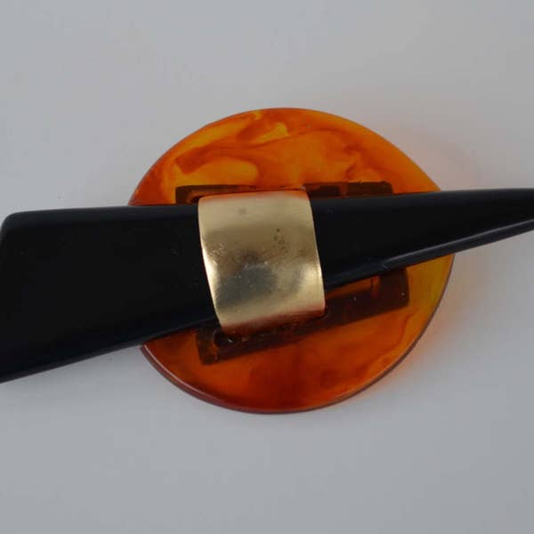 Les Bernard Lucite y broche de Metal, joyería de era espacial la década de 1960, estilo atómico, negro y oro, joyería de concha de tortuga sintética, geométrica