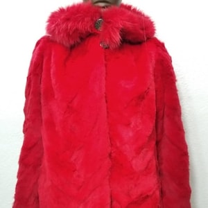 Hooded Red Rex-Chinchilla jacket,Hooded Red Waisted Design Fur Jacket,Rex-Chinchilla Jacket, Red Slik Fur Jacket,Women Fur Jacket,
