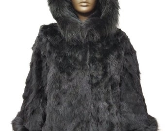 Hooded Black Rex Chinchilla Cape, Black  Rex Chinchilla Poncho,Hooded Black Rex-Chinchilla Poncho,Natural Black Fox Fur Poncho